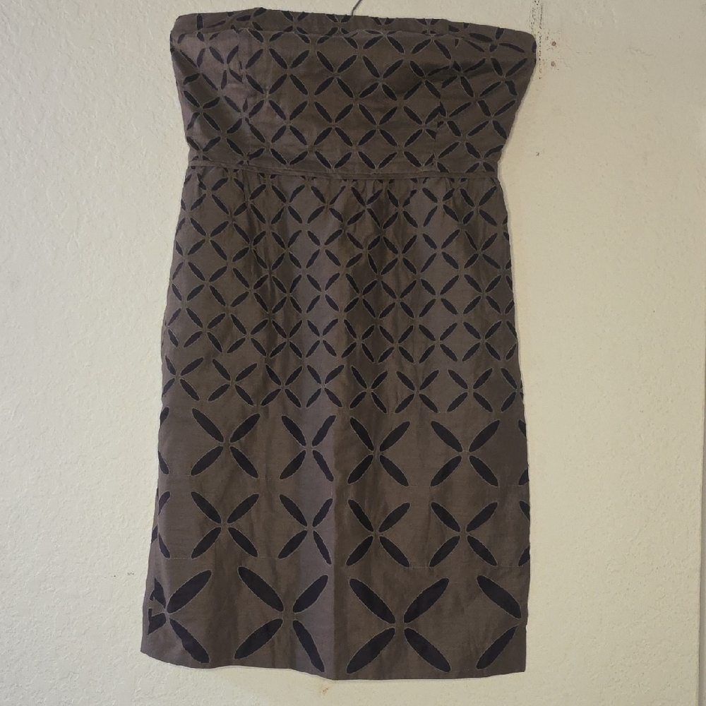 J. Crew Strapless Brown Dress with Navy Geometric Pattern
